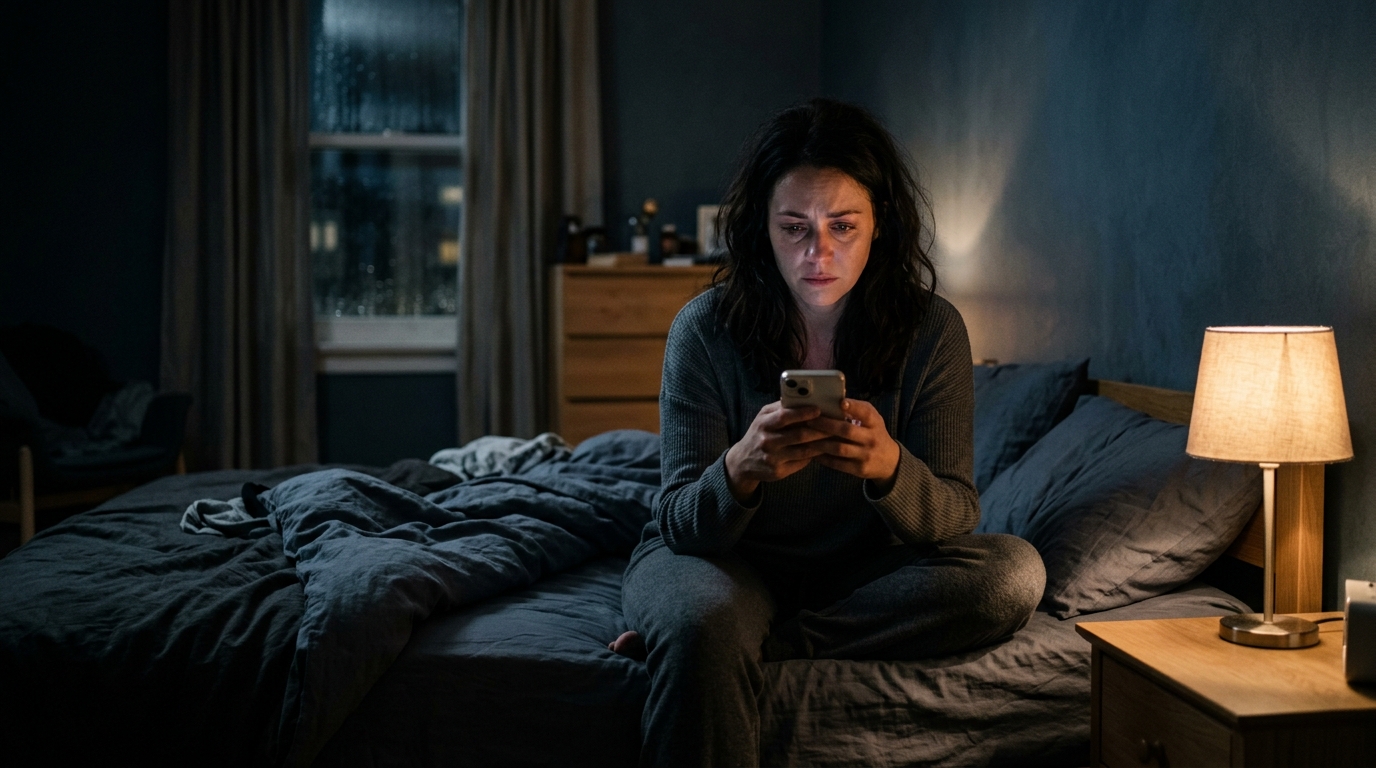 Woman sitting alone on her bed at night looking at her phone with a troubled expression, symbolising the question of whether she is being gaslit
