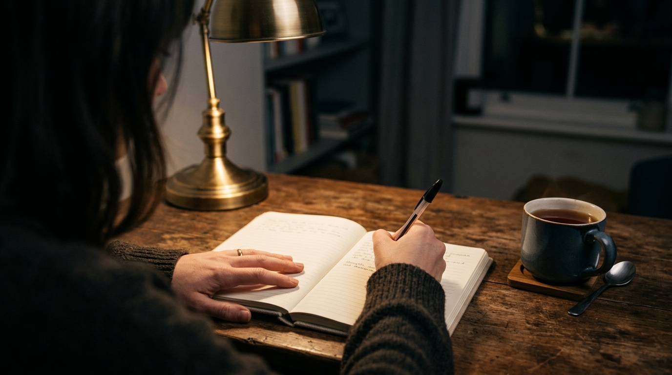 Close-up of a woman's hands writing in a notebook journal at a wooden desk lit by a warm lamp, symbolising documenting gaslighting incidents
