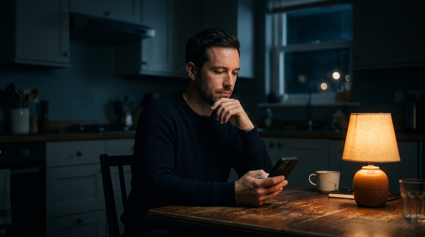Man sitting alone at his kitchen table at night, pausing before replying to a message on his phone, calm and resolute expression, symbolising setting a boundary without starting a fight